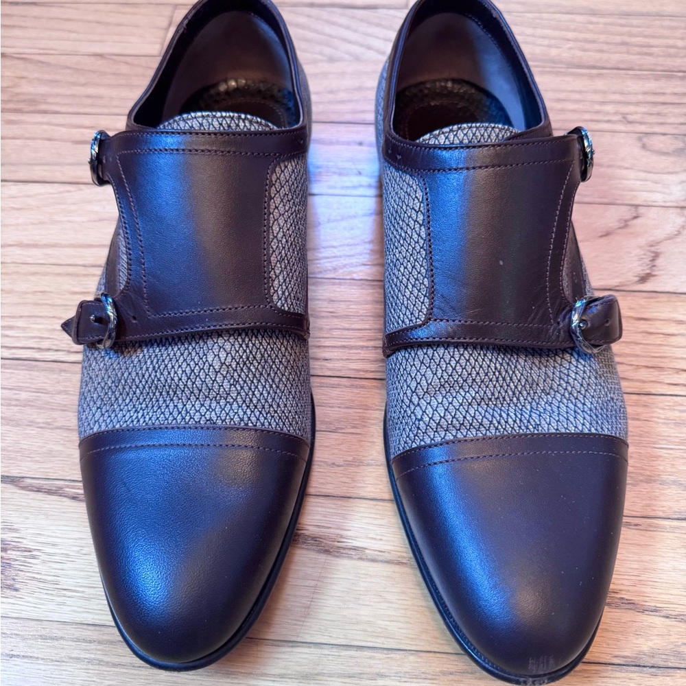 Roberto Cavalli Brown Leather and Gray Textured Double Monk Shoes